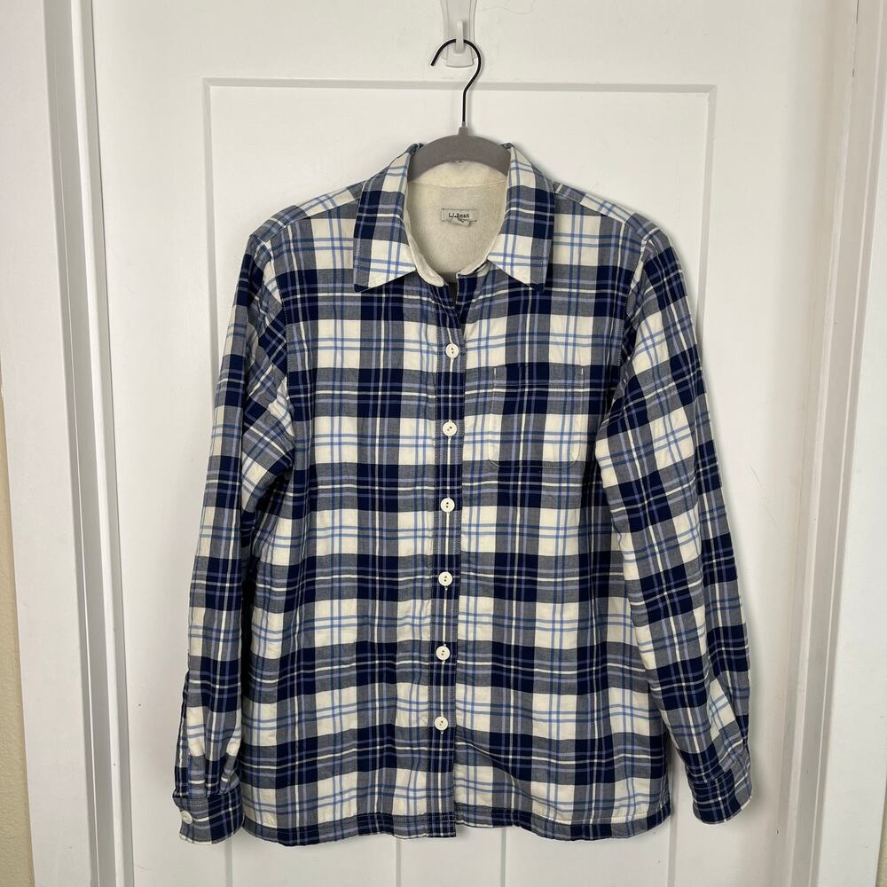LL Bean Plaid Flannel Top Fleece Lined Women's S Blue White